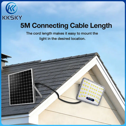 KKSKY solar flood light split design with 5m connecting cable, separate solar panel and lamp, easy roof mounting outdoor LED street light