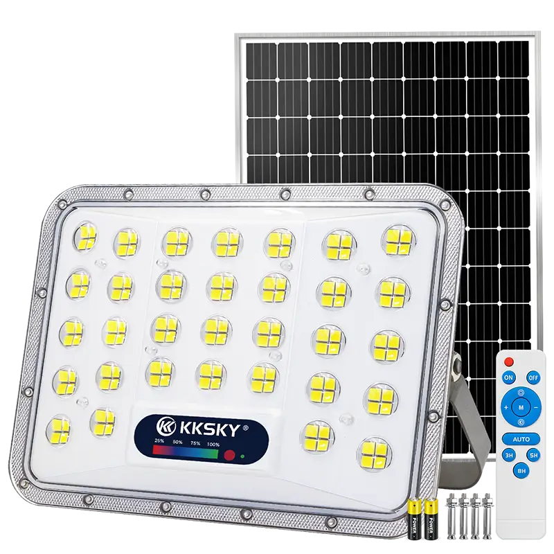 KKSKY split solar flood light main product image, heavy duty IP67 waterproof outdoor LED street light with separate solar panel and remote controller