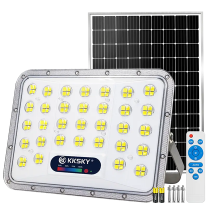 KKSKY split solar flood light main product image, heavy duty IP67 waterproof outdoor LED street light with separate solar panel and remote controller