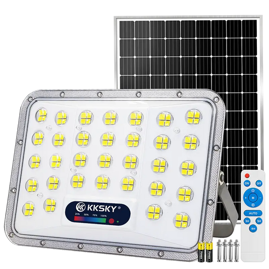 KKSKY split solar flood light main product image, heavy duty IP67 waterproof outdoor LED street light with separate solar panel and remote controller