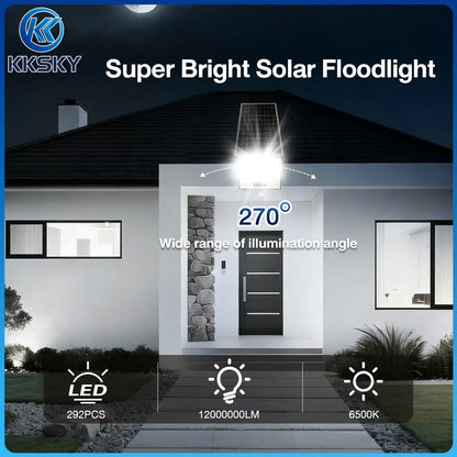 KKSKY super bright solar floodlight outdoor LED street light, 270° wide illumination angle, 292 LED chips, 6500K cool white light for house exterior
