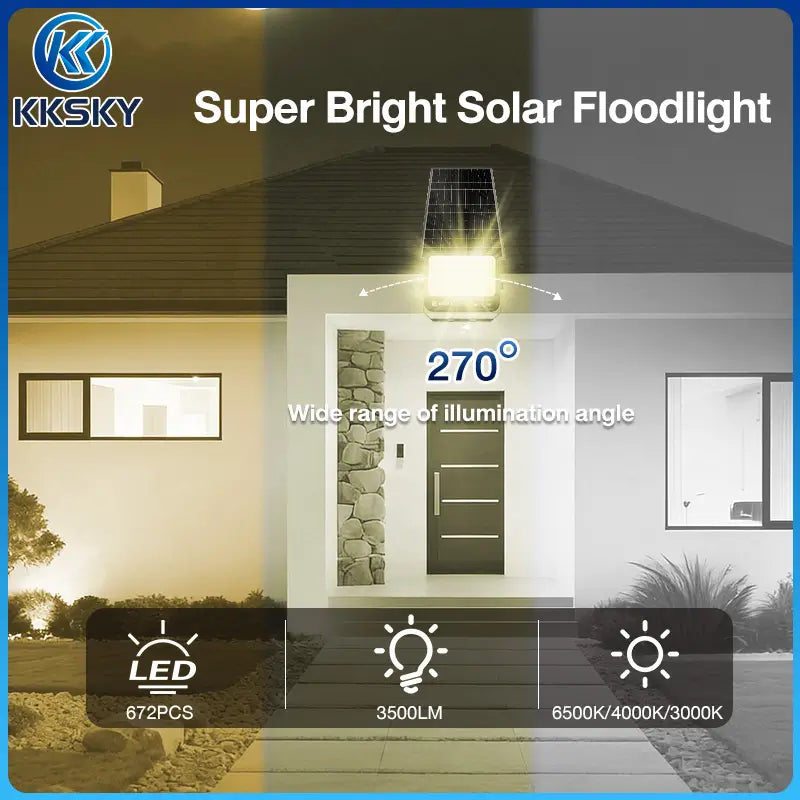 KKSKY super bright solar flood light 270° wide illumination angle,672 LED beads 3500LM,3 color temperature outdoor solar street lamp for house entrance