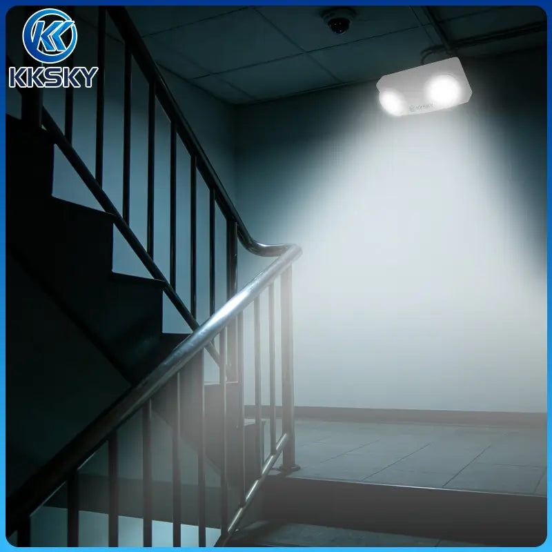 KKSKY twin head emergency light lit up stairwell at night, backup lighting for power outage emergency
