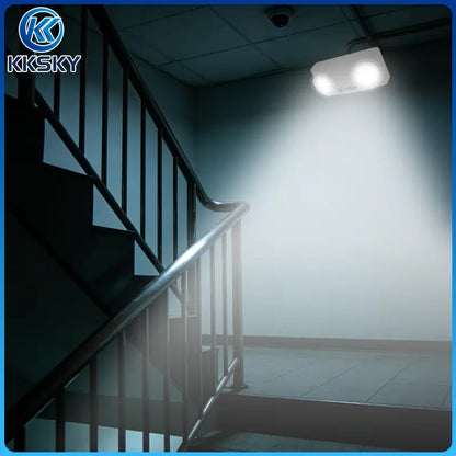 KKSKY twin head emergency light lit up stairwell at night, backup lighting for power outage emergency