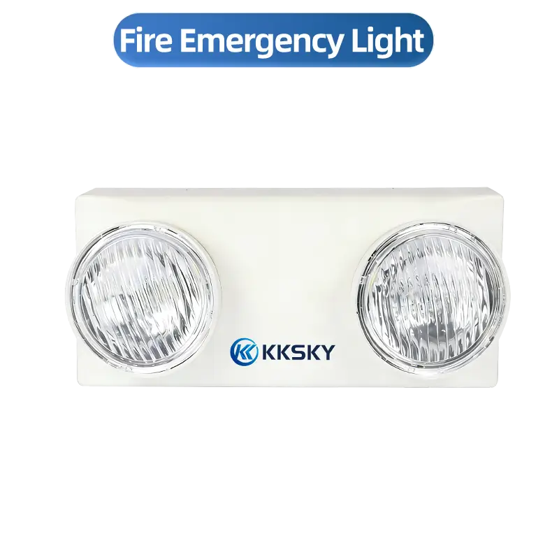 KKSKY twin head fire LED emergency light white background product image, wall mount rechargeable emergency light