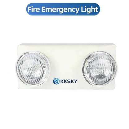 KKSKY twin head fire LED emergency light white background product image, wall mount rechargeable emergency light