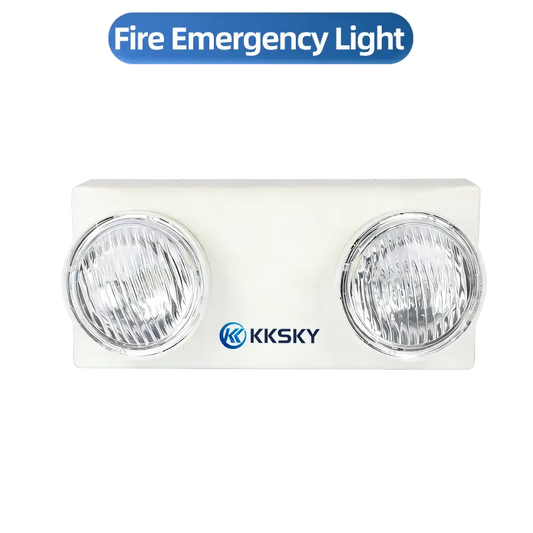 KKSKY twin head fire LED emergency light white background product image, wall mount rechargeable emergency light