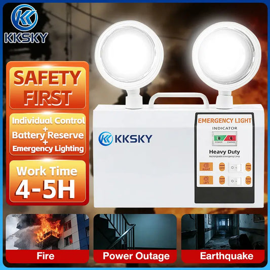 White KKSKY emergency lighting unit with two round LED lamps, a handle, and a front control panel, shown on a promotional graphic with fire, power outage, and earthquake icons and text.