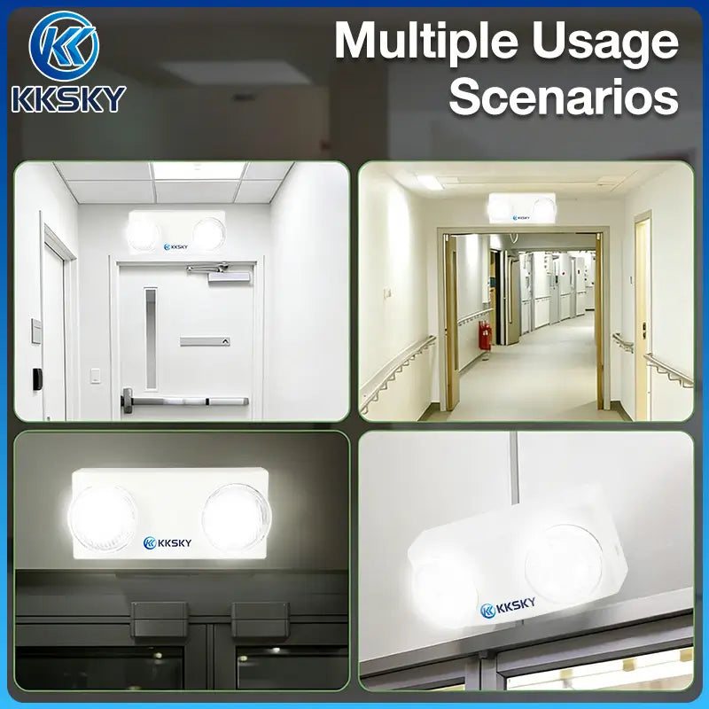 KKSKY twin head LED emergency light multiple installation scenes, hallway, exit door, indoor wall mount emergency lamp