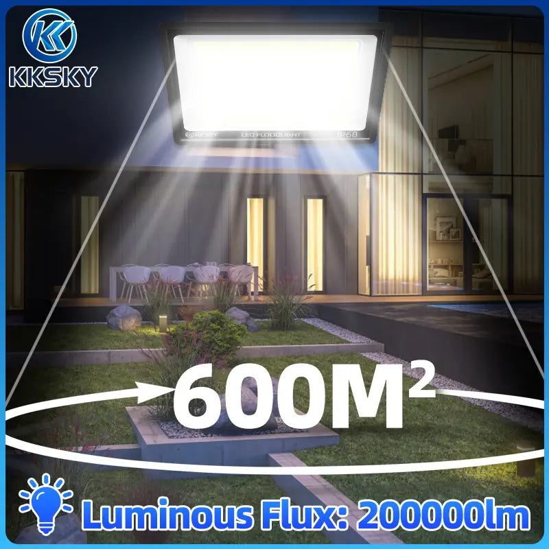 KKSKY electric LED Flood Light Outdoor high luminous flux 200000lm, large 600m² wide illumination coverage for backyard courtyard outdoor lighting