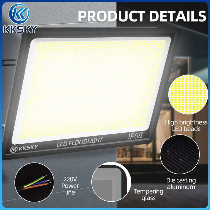 KKSKY electric LED Flood Light product details, high brightness LED beads, die casting aluminum case, tempering glass, 220V power line outdoor floodlight