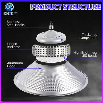 LED high bay light product structure exploded view stainless hook finned radiator aluminum hood led beads