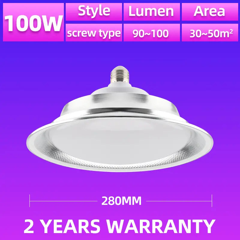 100W IP65 LED High Bay Light E27 screw‑in industrial ceiling lamp,280mm diameter,30‑50㎡ lighting area,2‑year warranty