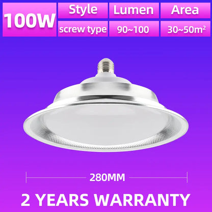 100W IP65 LED High Bay Light E27 screw‑in industrial ceiling lamp,280mm diameter,30‑50㎡ lighting area,2‑year warranty