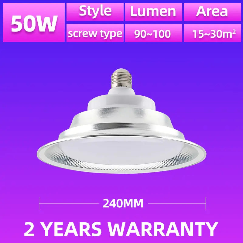 50W IP65 LED High Bay Light E27 screw type industrial ceiling bulb,240mm diameter,15‑30㎡ lighting area,2 years warranty