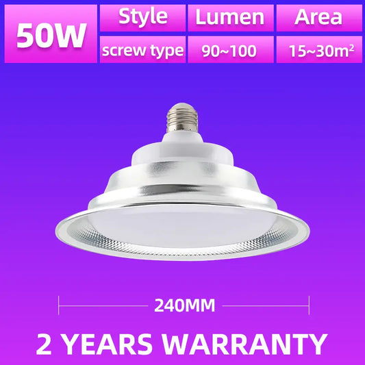 50W IP65 LED High Bay Light E27 screw type industrial ceiling bulb,240mm diameter,15‑30㎡ lighting area,2 years warranty