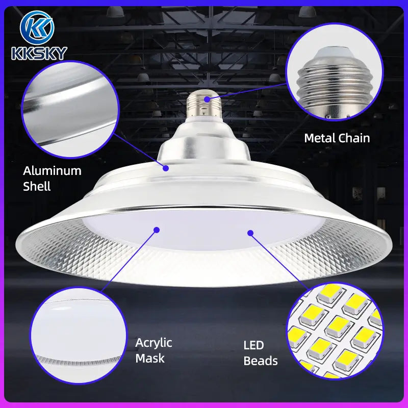 KKKSY LED High Bay Light parts view aluminum shell acrylic mask LED beads E27 metal screw base industrial lamp