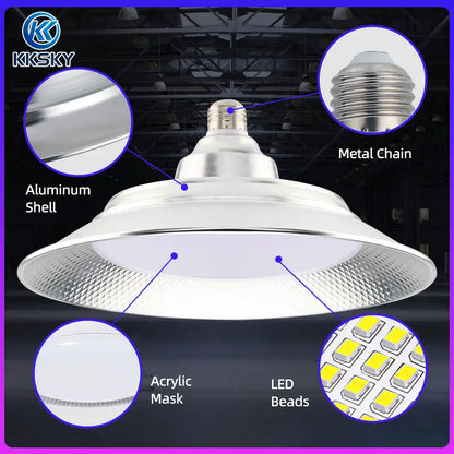 KKKSY LED High Bay Light parts view aluminum shell acrylic mask LED beads E27 metal screw base industrial lamp