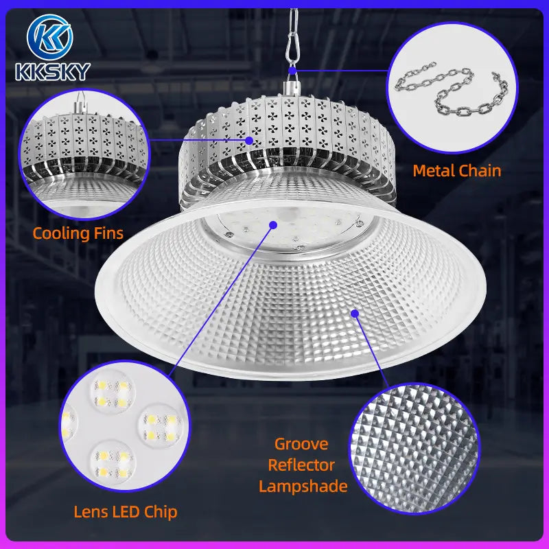 LED high bay light components cooling fins lens led chip metal chain groove reflector lampshade
