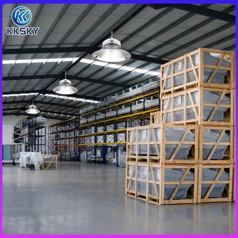 IP65 LED high bay light installed in large storage warehouse rack area industrial high ceiling lamp