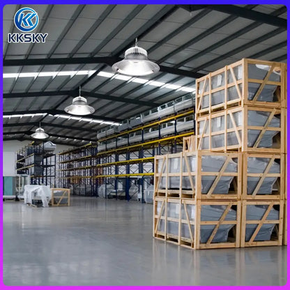 IP65 LED high bay light installed in large storage warehouse rack area industrial high ceiling lamp