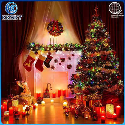 KKSKY Colorful LED string lights decorating a Christmas tree, fireplace and living room for indoor holiday decor