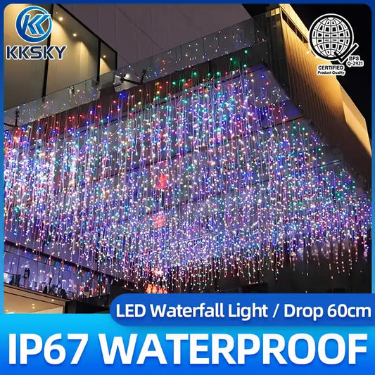 KKSKY IP67 waterproof LED waterfall icicle curtain lights 60cm drop multicolor outdoor commercial decoration lights for Philippines mall building holiday decor