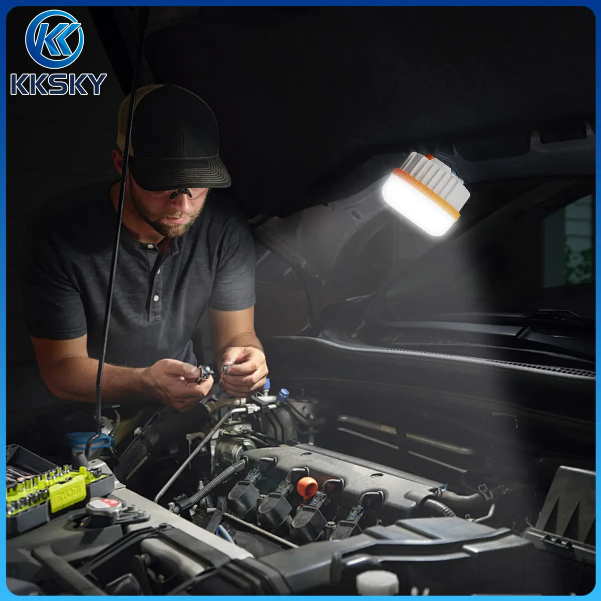 Magnetic portable LED camping work light, hands‑free lighting for car engine repair maintenance emergency