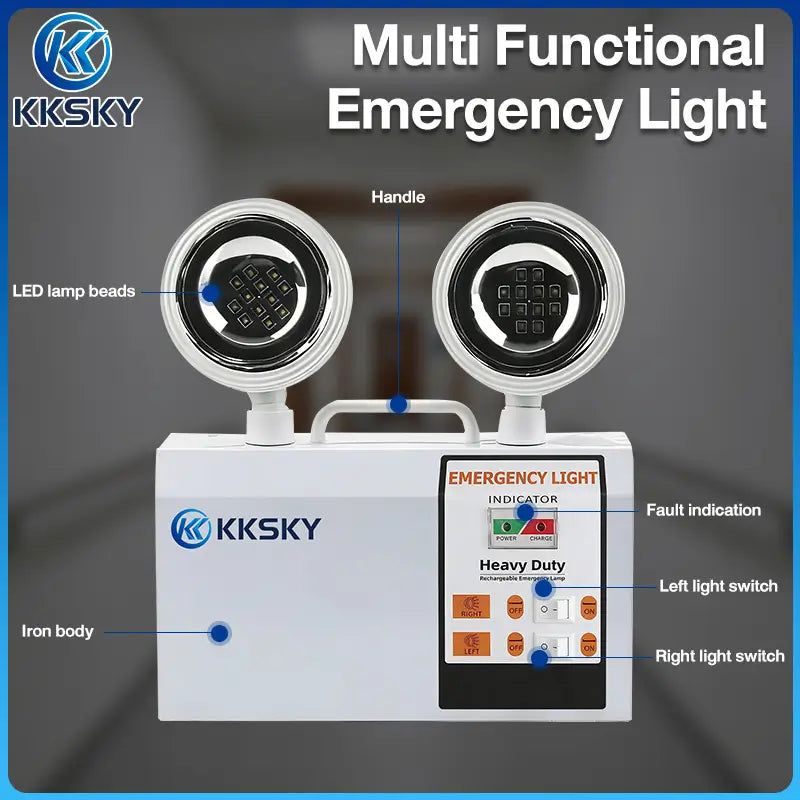 White KKSky multi-functional emergency light with two circular LED lamp heads, a handle, and a front control panel labeled for emergency use, shown on a dark gray background with callout labels.