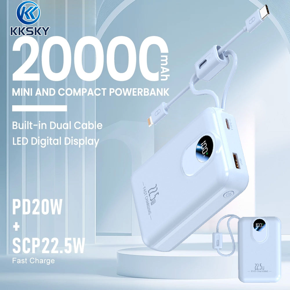 KKSKY 20000 mAh PD22.5w Portable Powerbank Fast Charging Original 2.1a Quick Charge Dual Input & Usb Output Compatible For Smartphones Built With 2 Cables Type-c/Lighting