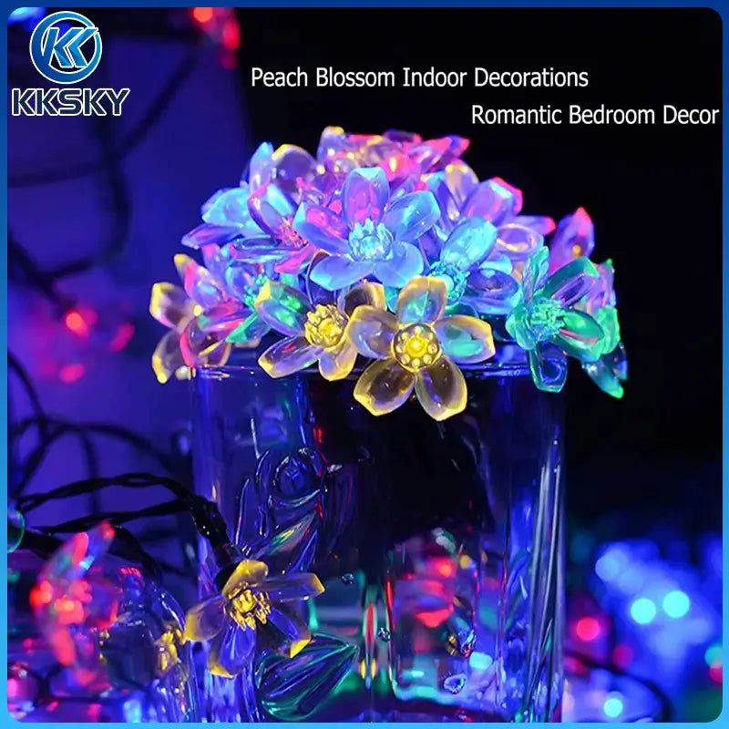 KKSKY peach blossom solar string lights for indoor decor,colorful flower fairy lights for romantic bedroom and vase decoration