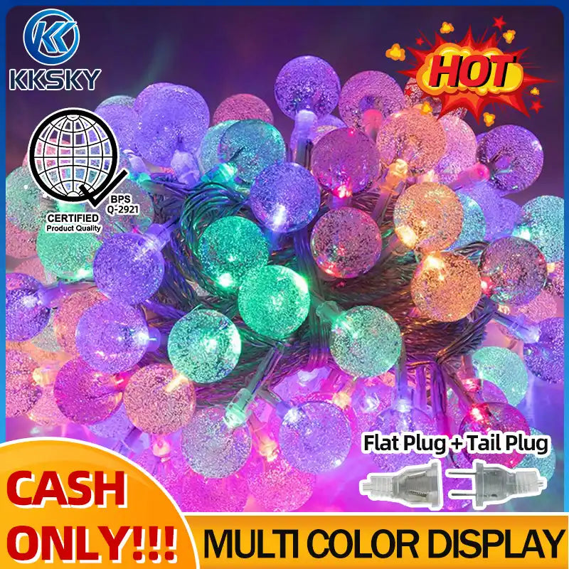 KKSKY RGB crystal bubble globe string lights, BPS certified LED fairy lights with flat plug and tail plug