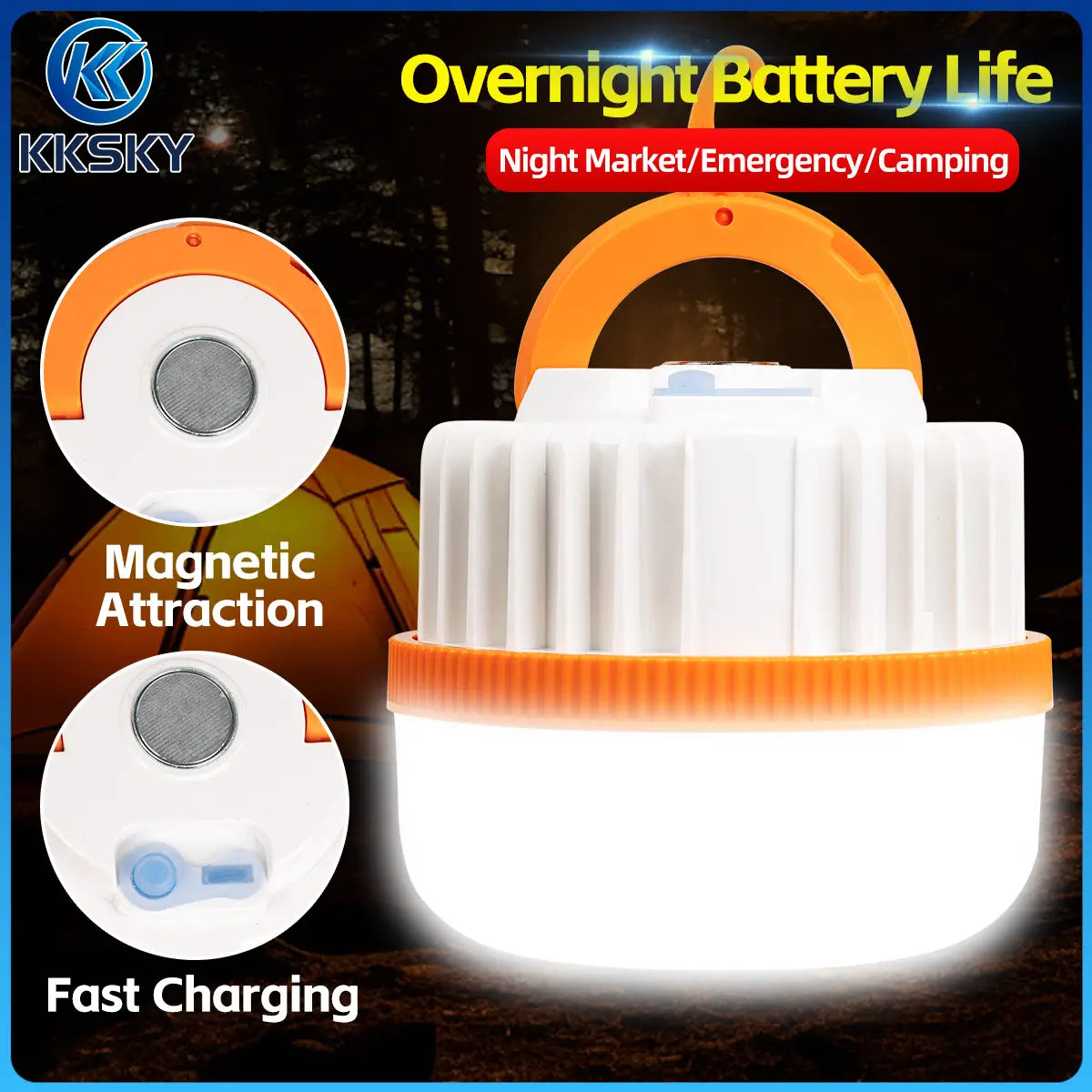 Rechargeable tent camping lantern with magnetic attraction base, overnight battery life for night market camping emergency use