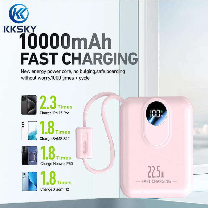 KKSKY PD22.5w Portable Powerbank Fast Charging 10000mah Original 2.1a Quick Charge Dual Input & Usb Output Compatible For Smartphones Built With 2 Cables Type-c/Lighting