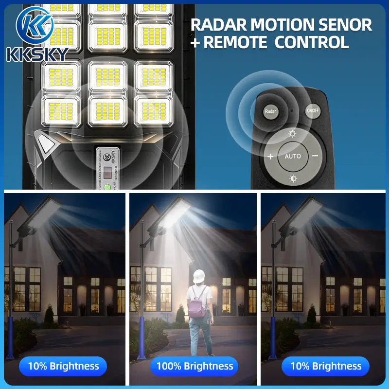 Radar motion sensor solar street light with remote control, auto adjust brightness outdoor solar flood lamp security lighting