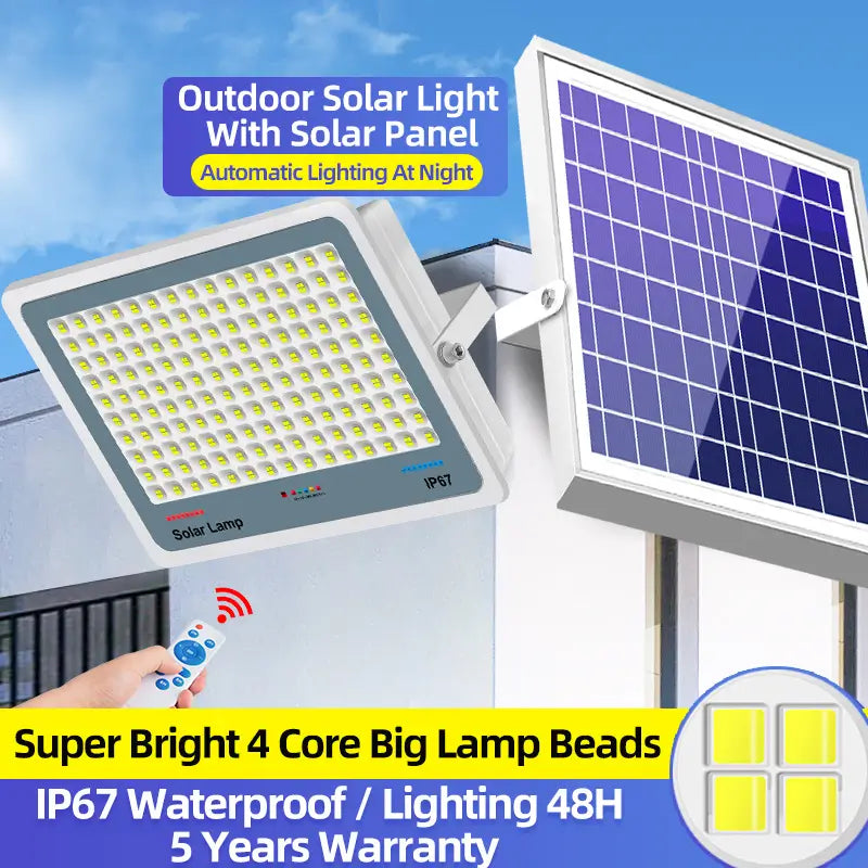 Outdoor solar flood street light with remote control, separate solar panel, super bright 4‑core big lamp beads, IP67 waterproof solar light