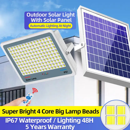Outdoor solar flood street light with remote control, separate solar panel, super bright 4‑core big lamp beads, IP67 waterproof solar light