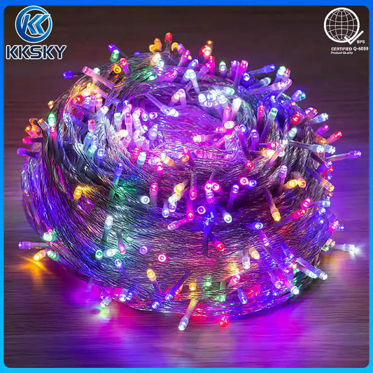 KKSKY RGB Christmas string lights with multicolor LED bulbs for festive indoor and outdoor decoration