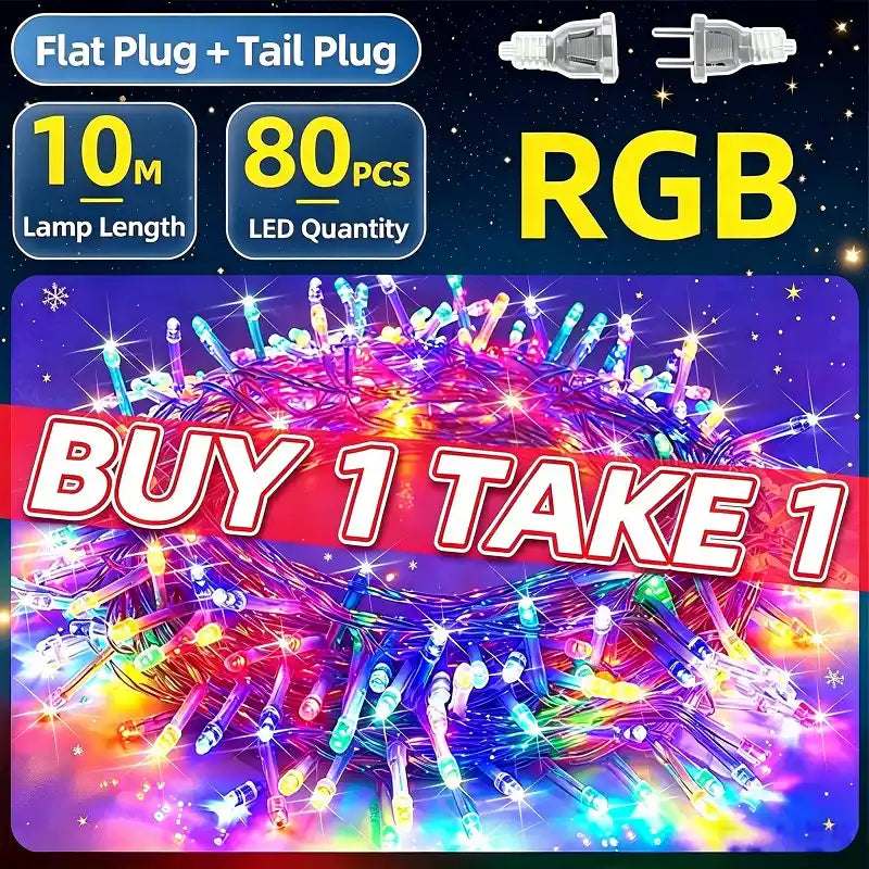 KKSKY RGB Christmas string lights 10m with 80 LED bulbs, flat plug and tail plug, buy 1 take 1