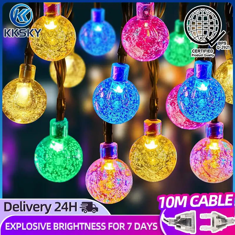 KKSKY RGB colorful crystal bubble globe LED string lights, 10M cable, bright decorative fairy lights for Philippine fiesta and party decor