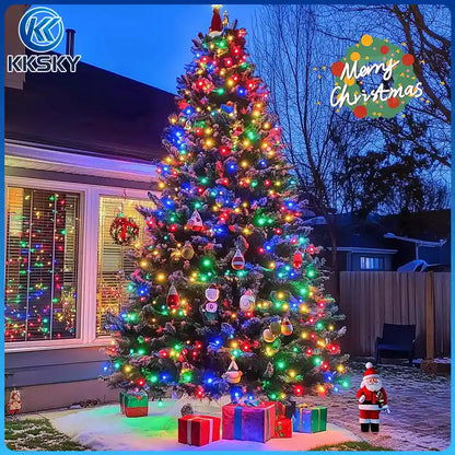 KKSKY RGB solar Christmas tree lamps decorating large outdoor tree with gift boxes and Santa Claus,colorful solar fairy string lights for yard Christmas decor in snow