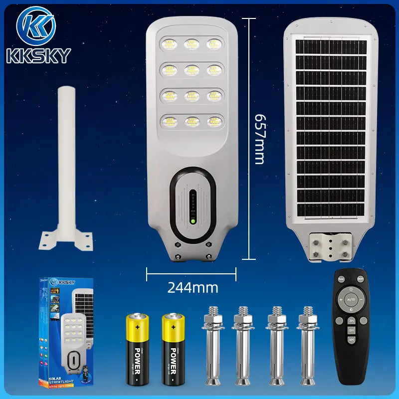 KKSKY solar outdoor light dimensions with solar panel, mounting pole and remote control