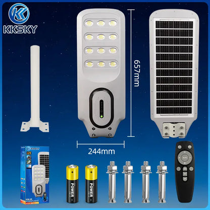 KKSKY solar outdoor light dimensions with solar panel, mounting pole and remote control