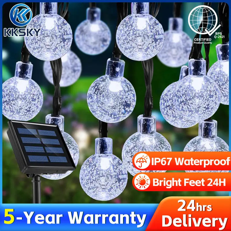 KKSKY cool white solar crystal ball string lights IP67 waterproof outdoor solar powered bubble globe fairy lights