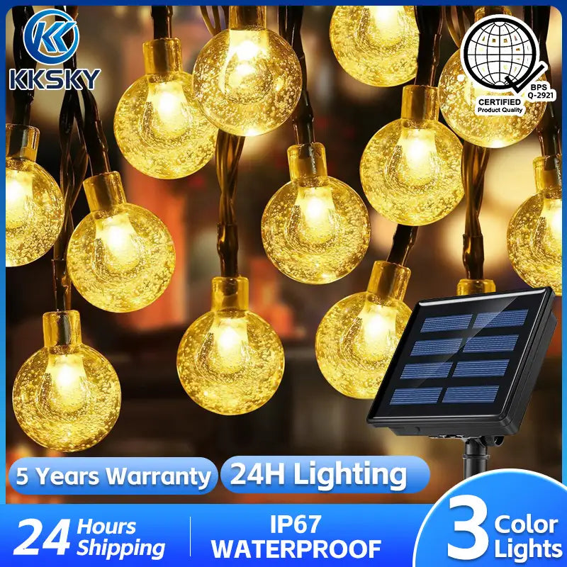 KKSKY warm white solar string lights,3 color options,IP67 waterproof outdoor solar bubble globe lights for backyard holiday decor
