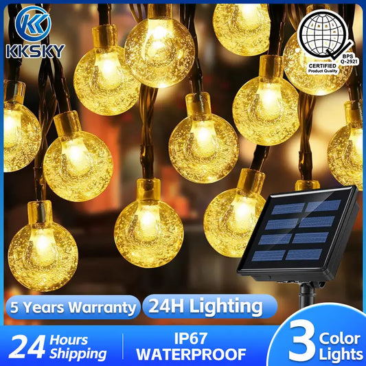 KKSKY warm white solar string lights,3 color options,IP67 waterproof outdoor solar bubble globe lights for backyard holiday decor