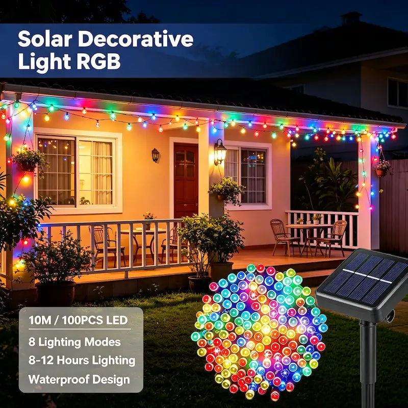 KKSKY solar fairy string lights 10M 100LED RGB multi‑color,waterproof outdoor house patio holiday decoration at night