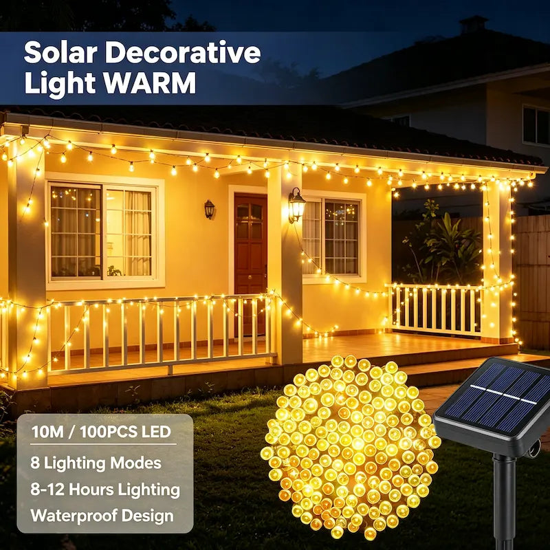 KKSKY 10M 100LED warm white solar fairy string lamps, glowing outdoor patio home night decoration