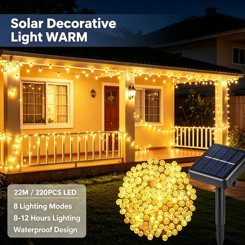 KKSKY warm white solar festive string lights 22M 220LED,outdoor patio and yard night ambient lighting