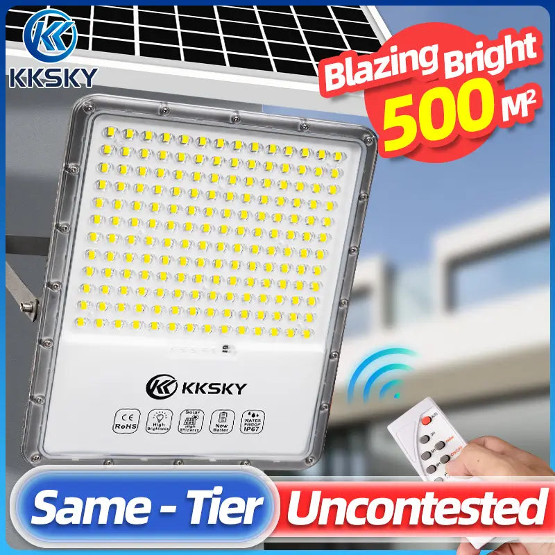 kksky solar flood light IP67 waterproof outdoor solar light with remote control, bright LED solar street light for home exterior